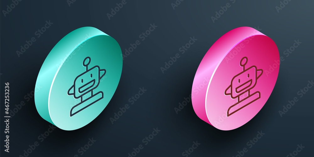 Poster isometric line robot toy icon isolated on black background. turquoise and pink circle button. vector