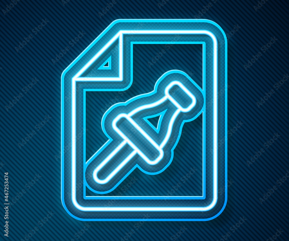 Poster glowing neon line note paper with pinned pushbutton icon isolated on blue background. memo paper sig