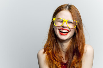 pretty woman yellow glasses hairstyle fashion close-up