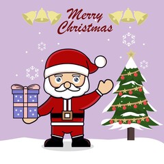 Cute cartoon santa claus brings a gift box with Christmas tree, snowfall. Merry christmas. Vector illustration design for mascot, logo, sticker, Christmas card