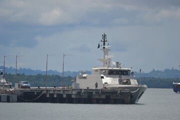 Sorong, West Papua, Indonesia, September 16th 2021. Military Navy Patrol Boat is mooring at Marine...