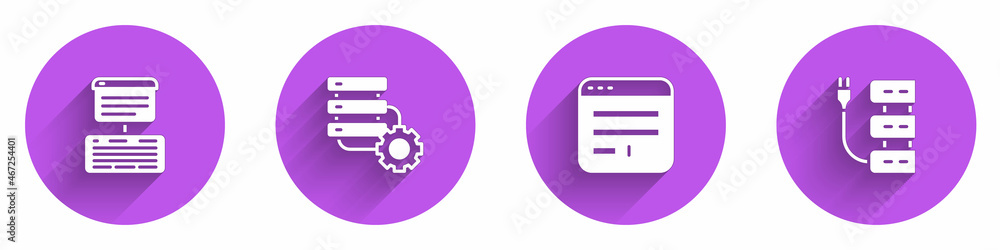 Poster set server, data, web hosting, and gear, browser window and icon with long shadow. vector