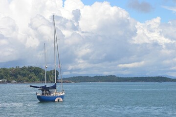 Sorong, West Papua, Indonesia, September 16th 2021. A beautiful little yacht is mooring at the sea. Raja Ampat tourism purpose.