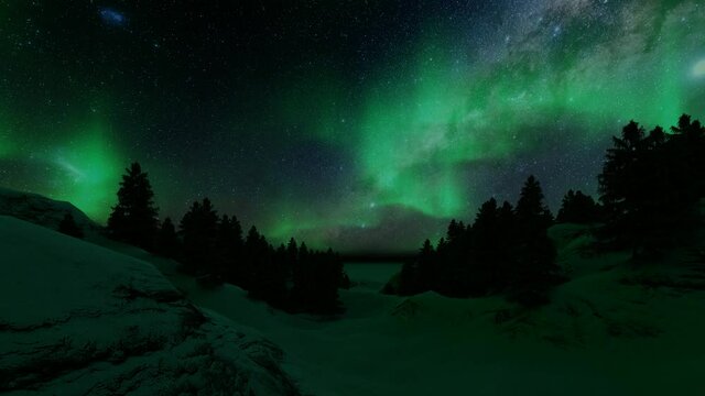 Green northern lights aurora snow in fantasy 3d 