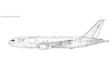 Boeing KC-46 Pegasus. Vector drawing of aerial refueling tanker and transport aircraft. Side view. Image for illustration and infographics. - obrazy, fototapety, plakaty