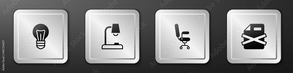Poster set light bulb, table lamp, office chair and delete file document icon. silver square button. vector