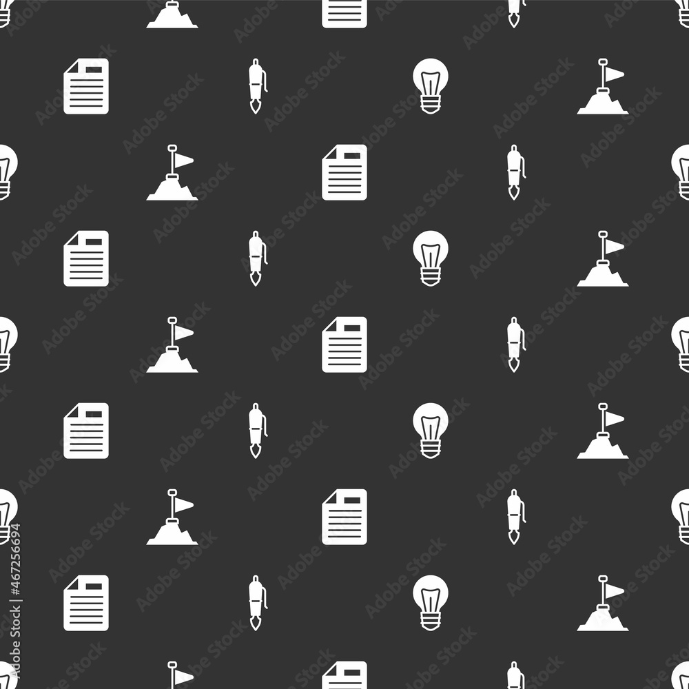 Poster set light bulb, mountains with flag on top, file document and fountain pen nib on seamless pattern. 
