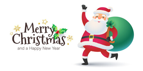 Christmas  banner with Santa Claus and Merry Christmas calligraphy on white background. Vector flat illustration.