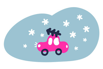 Winter doodle illustration of car carrying Christmas tree in snowfall. Perfect for T-shirt, textile, prints, decor and design.
