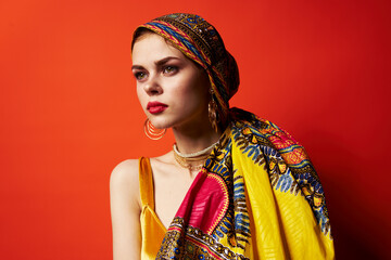 beautiful woman multicolored shawl ethnicity african style isolated background