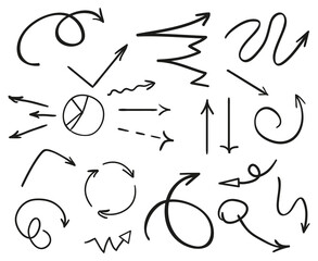 Pointers. Infographic elements on white. Abstract arrows. Collection of different indicators on isolated background. Hand drawn symbols for design. Line art. Sketchy doodles for business and work