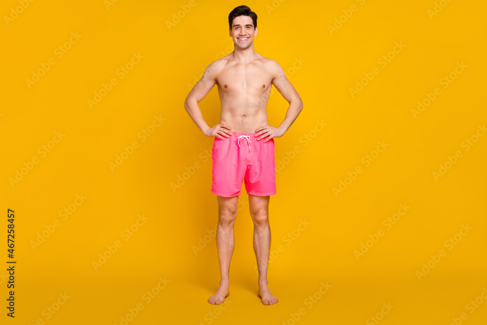 Sticker Full length body size view of attractive cheerful content guy sea rest isolated over bright yellow color background