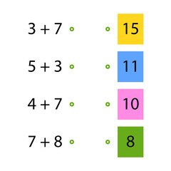 Folding trainer. Choose the correct answer. Addition tables. Fill in the missing numbers. Logic game. Children education poster on mathematics. School vector illustration with colorful cubes