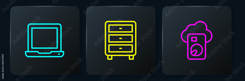 Poster set line laptop, cloud database and archive papers drawer. black square button. vector