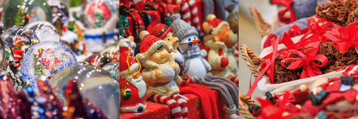 Set of festive images of Christmas tree decorations close-up on the Christmas Market in the city of Vienna, Austria