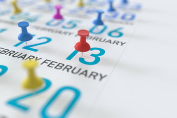February 13 date and push pin on a calendar, 3D rendering