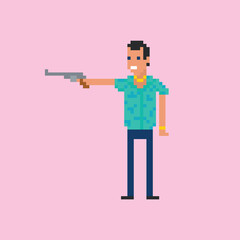 Gangster criminal character. Man pointing revolver gun wearing hawaiian shirt, 8 bit pixel art character. Mafia, gangster thug retro theme.