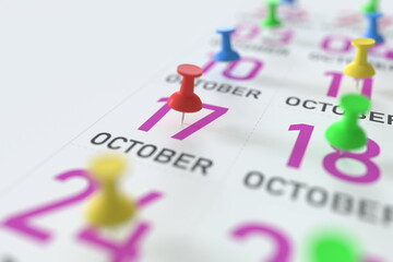 October 17 date marked with a pin calendar, 3D rendering