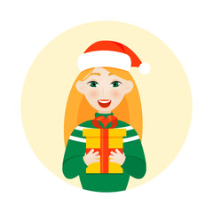 A girl with a New Year's gift. A red-haired girl in a Christmas hat with a gift. A Christmas character.