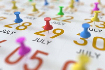 July 29 date and push pin on a calendar, 3D rendering