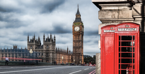 Naklejka na ściany i meble London symbols with BIG BEN and red Phone Booths in England, UK