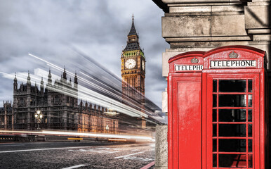 Obraz na płótnie Canvas London symbols with BIG BEN and red Phone Booths in England, UK