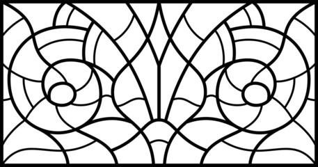 Vector sketch of a stained glass window. Pattern. Abstract stained glass background. Art Nouveau decor for interior. Luxury modern interior. Template for design. Fence. Iron railing.	