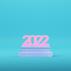 Pink 2022 digits on pedestal bright blue background in pastel colors