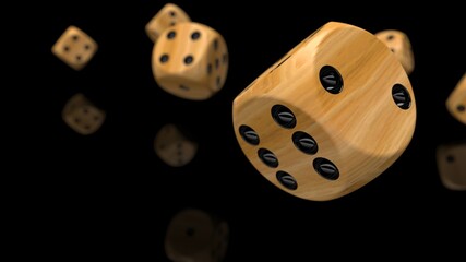 Rolling wood-black dices under black-white flash background. 3D CG. 3D illustration. 3D high quality rendering.