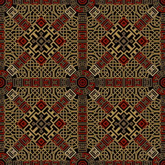 Elegant seamless pattern. Colorful ornamental greek and celtic style vector background. Modern geometric plaid tartan ornament. Tribal ethnic repeat backdrop. Greek key, meanders frames, celtic knots