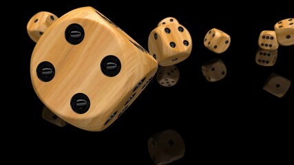 Rolling wood-black dices under black-white flash background. 3D CG. 3D illustration. 3D high quality rendering.