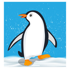 Illustration of a penguin, a cute cartoon character, standing on ice with snow. Suitable for making posters, cards, design work, educational materials, teaching.