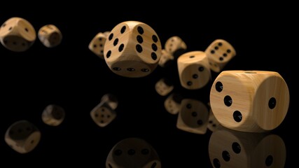 Rolling wood-black dices under black-white flash background. 3D CG. 3D illustration. 3D high quality rendering.