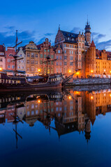 Fototapeta na wymiar Gdansk, Poland, Motlawa river waterfront in the night, historical port of the city