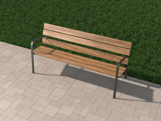 3d rendering of a wood and metal bench on stone floor close to a lawn