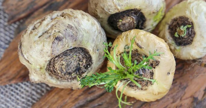 Fresh Maca roots or Peruvian ginseng on white background (lat. Lepidium meyenii) (Selective focus, Focus on maca roots on the front)