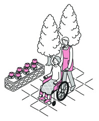 車椅子のシニア女性と男性介護士