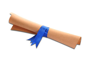 Rolled student's diploma with blue ribbon isolated on white