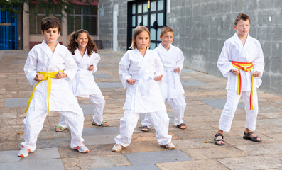 Young children in kimono perform techniques karate on a city street © JackF