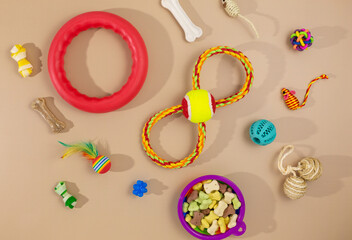 Different multicolored pet care accessories: bowl, bones, balls, snacks, mouse on beige background. Rubber and textile accessories for dogs and cats. Top view, flat lay.	