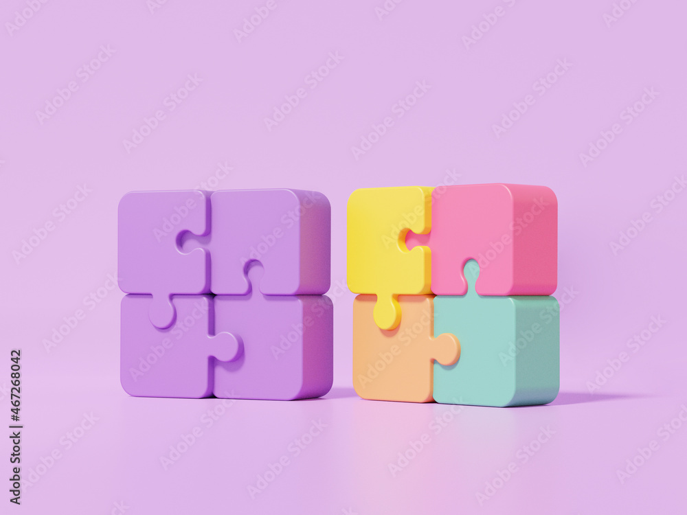 Aufkleber 3d render jigsaw puzzle pieces same and different color brainstorming connection teamwork cohesion c