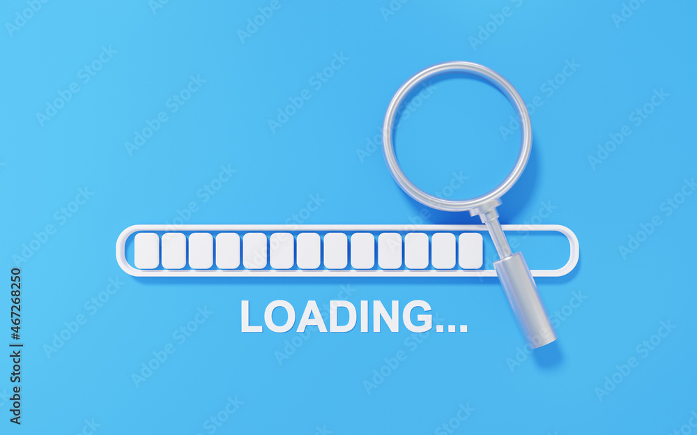 Poster loading bar and search icon with blue background. searching, data stories of interest on internet an
