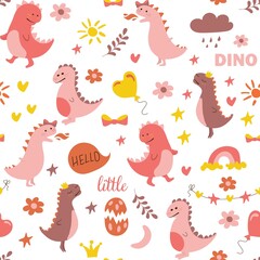 Seamless pattern of funny dinosaurs. Pink dinosaur. Background for textile and fabric. Vector illustration