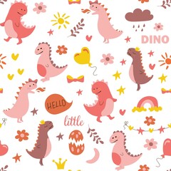 Obraz premium Seamless pattern of funny dinosaurs. Pink dinosaur. Background for textile and fabric. Vector illustration