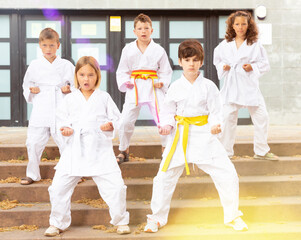 Group of concentrated preteen children learning karate movements during outdoors class in schoolyard on summer day