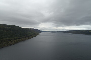 Loch Ness cold gray waters, Scotland, United Kingdom, UK Mist, Rain, Storm
