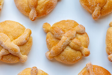 Close up Top view of Traditional Mexican day of the dead bread on a clear background
