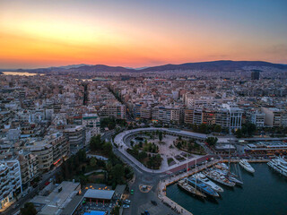 Aerial panorama view over Marina Zeas, Peiraeus, Greece at sunset