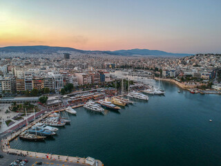 Fototapeta na wymiar Aerial panorama view over Marina Zeas, Peiraeus, Greece at sunset