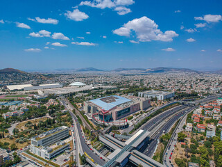 Aerial panoramic view of northern suburbs of Athens city. centered the famous Athens Mall shopping center, Marousi, Attica, Greece, Europe